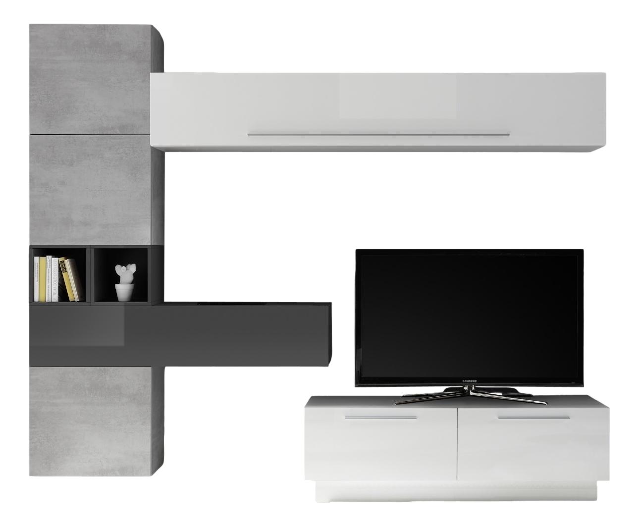 TV‑wandmeubel set Toca – Hoogglans wit & grijs beton, modulair & soft‑close