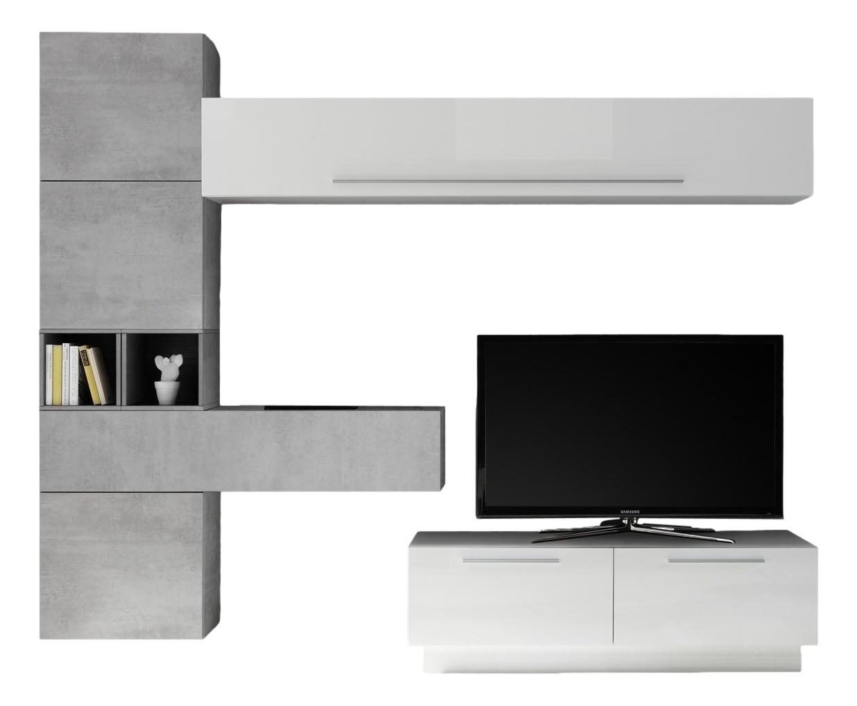 TV-wandmeubel set Toca – Hoogglans wit met betonlook in één modulaire set