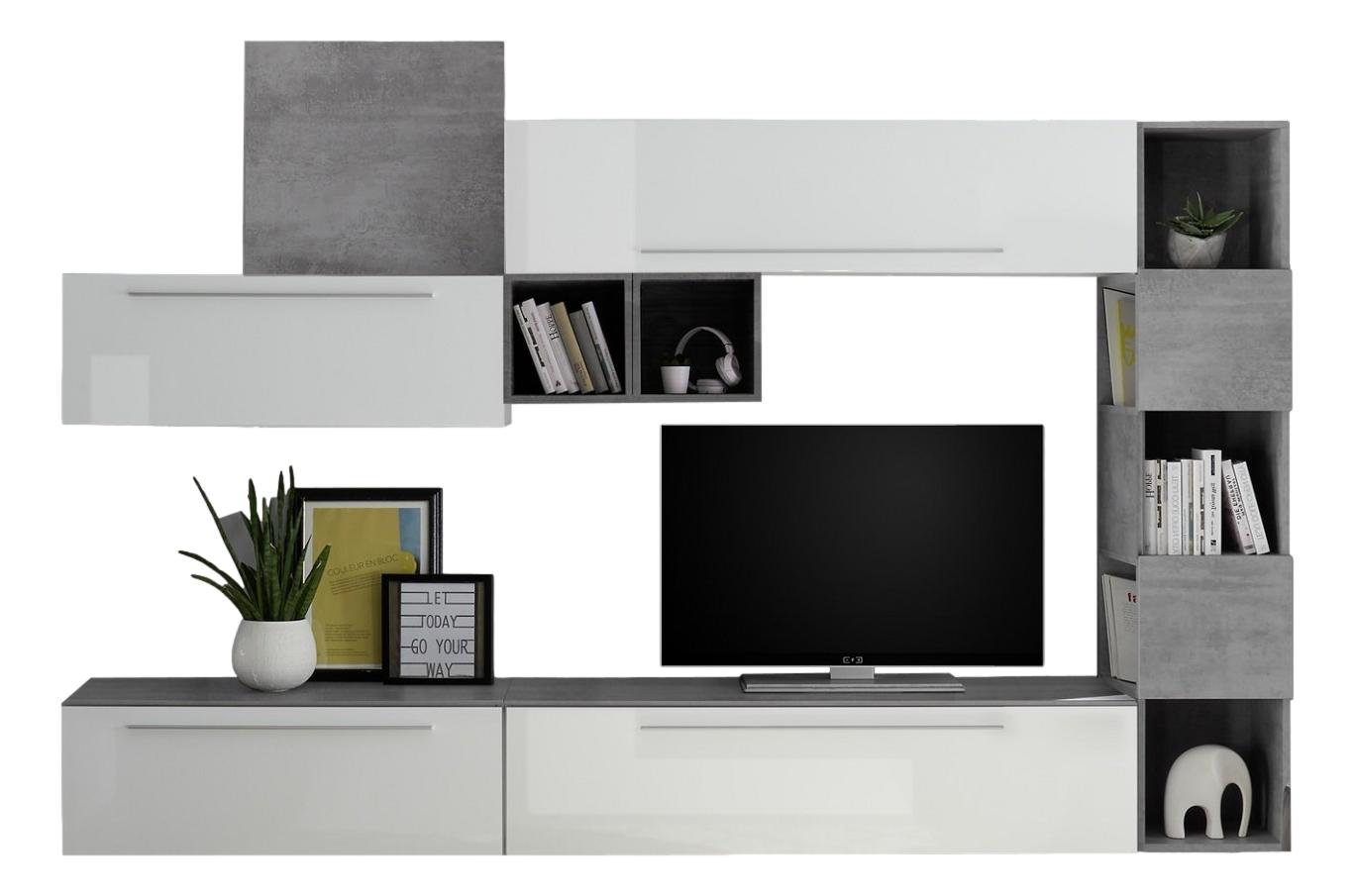 TV‑wandmeubel set Vegeta – Hoogglans wit met betonnen accenten