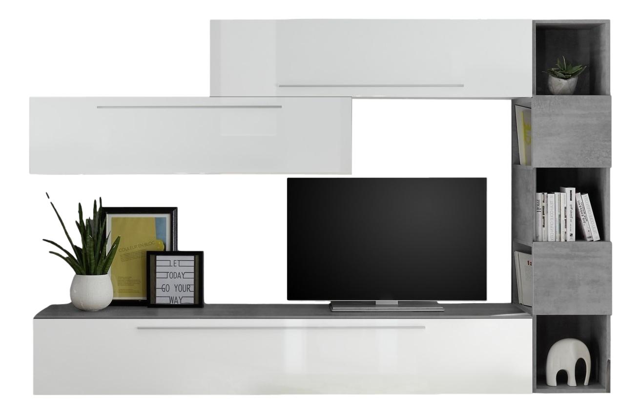 TV‑wandmeubel set Vika – Strak hoogglans wit met betonnen accenten