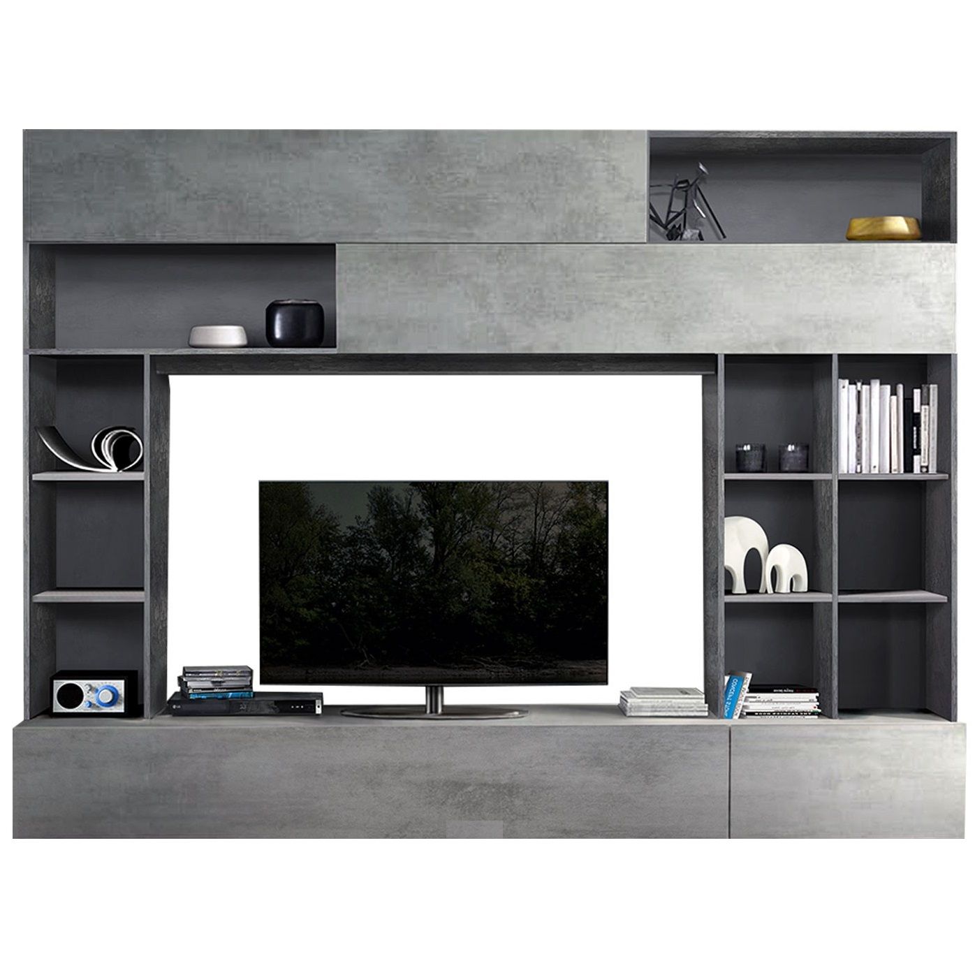 Tv-wandmeubel Tiko – 277 cm breed in Oxid met grijs beton