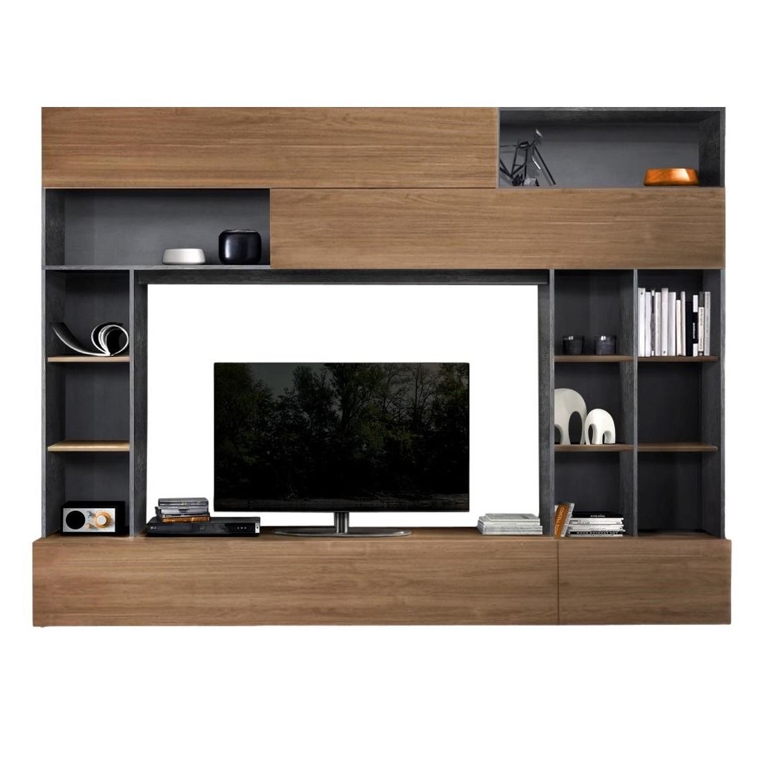 Tv-wandmeubel Tiko – 277 cm breed in oxid & walnoot