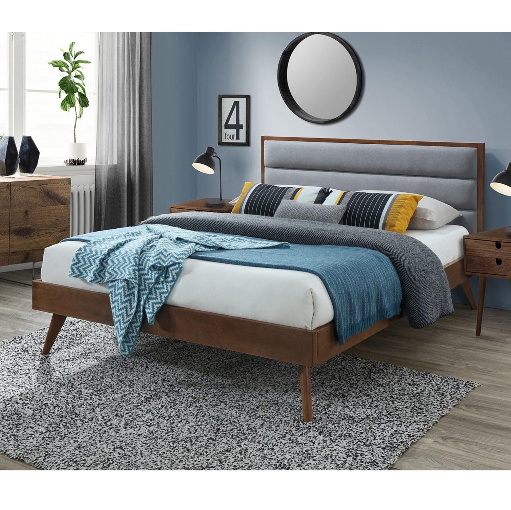 Tweepersoonsbed Orlando 160 × 200 cm – stijlvol walnoot met grijze bekleding