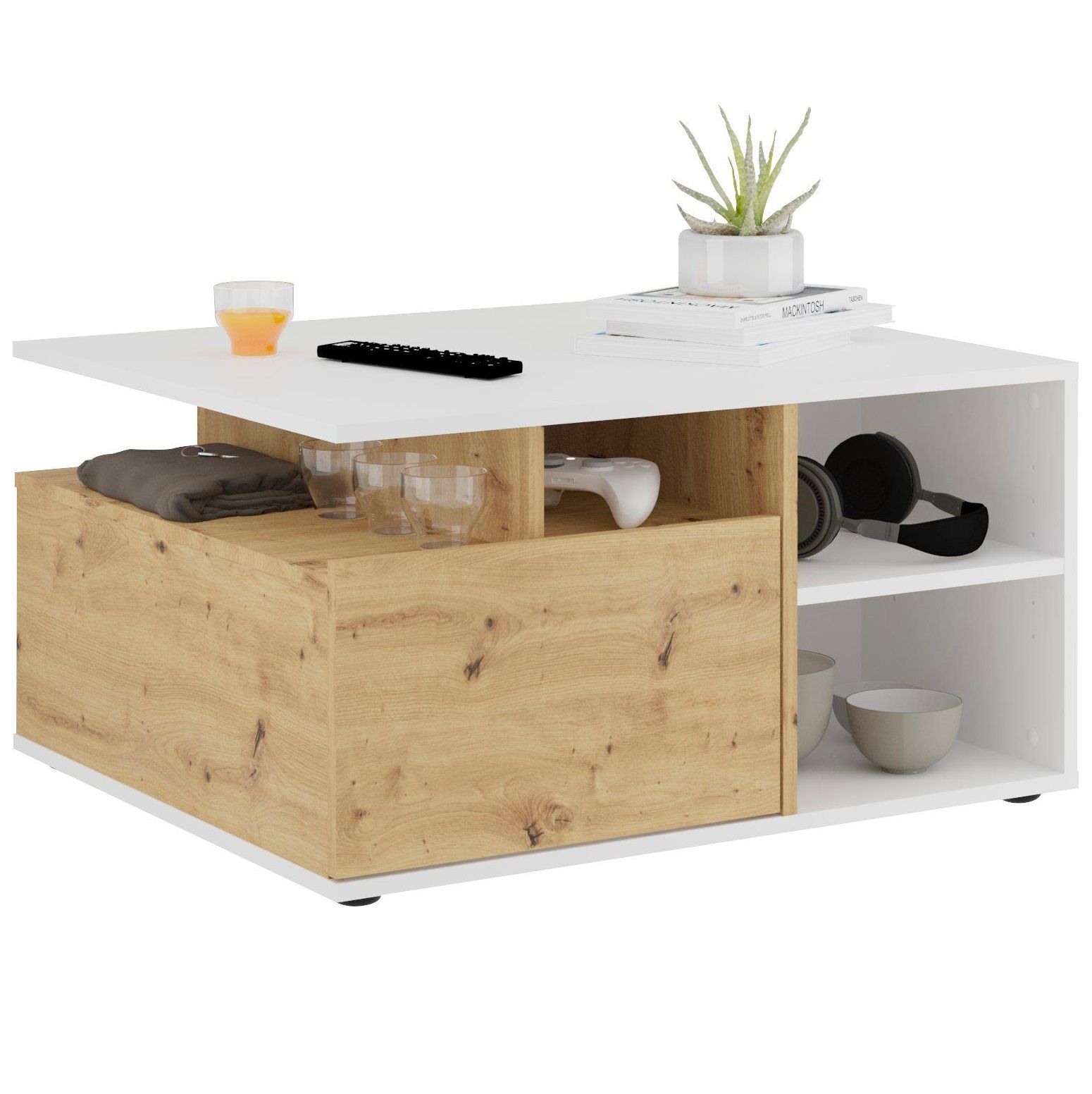 Twin 2 Salontafel – Strak wit met eiken accenten voor een georganiseerde woonkamer