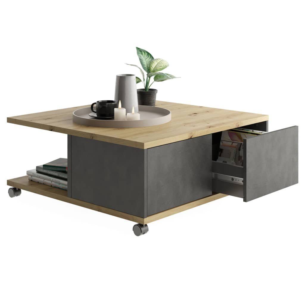 Twin Salontafel 70 × 70 cm – Eiken look met antraciet wielen