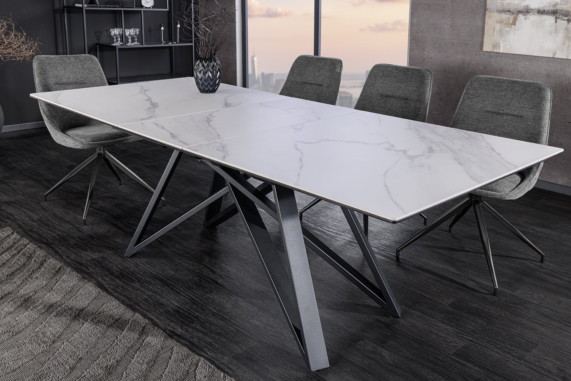 Uitschuifbare eettafel Atlas – wit marmer, zwart metaal, 160‑200 cm