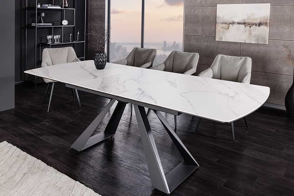 Uitschuifbare eettafel CONCORD – Witte marmeren look met zwart metalen frame, 180‑230 cm