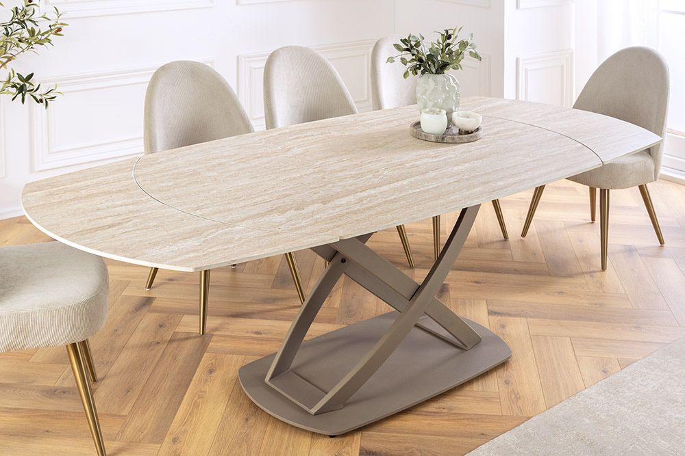 Uitschuifbare eettafel Inception – Ovaal travertijn keramiek, 130‑190 cm, champagne greige