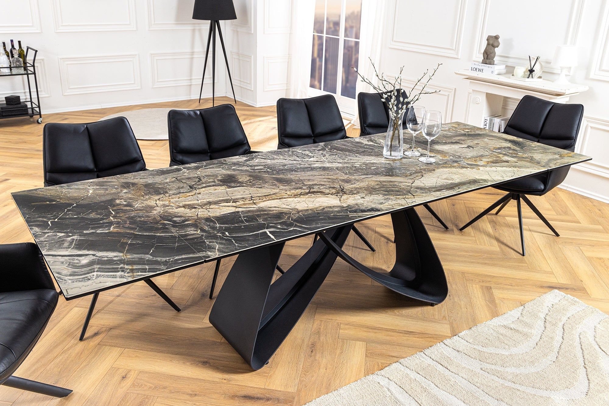Uitschuifbare eettafel Infinity – Taupe keramisch marmer, zwart metaal, 180‑260 cm – Invicta Interior