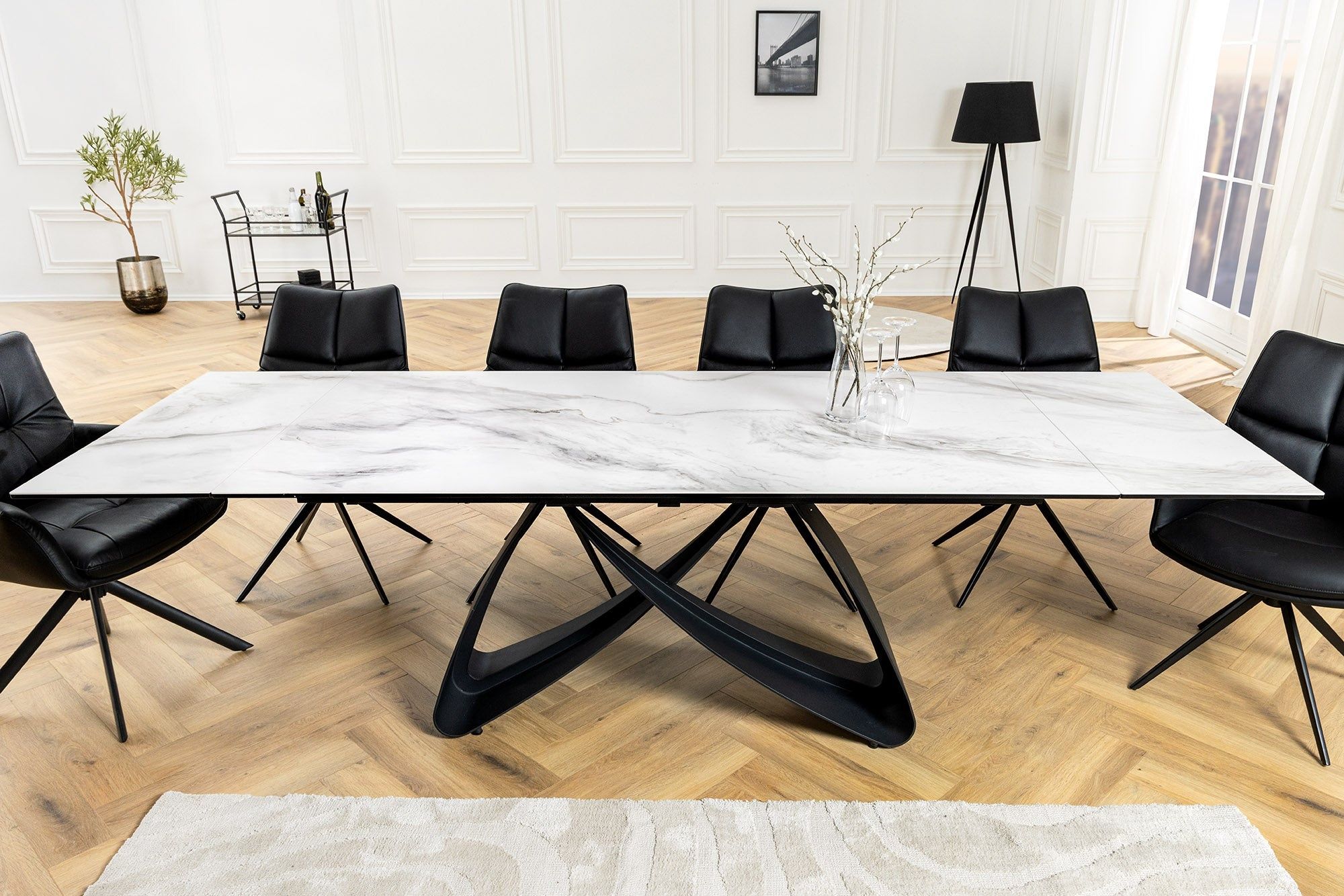 Uitschuifbare eettafel INFINITY – Wit keramiek & marmer, zwart metaal, 180‑260 cm
