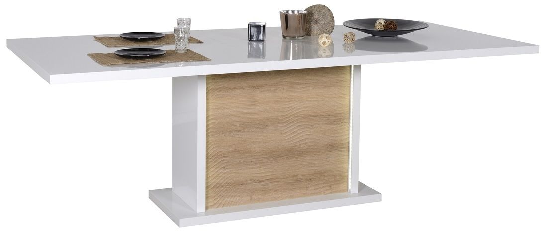 Uitschuifbare eettafel Karma – hoogglans wit met eiken & LED, 180‑225 cm