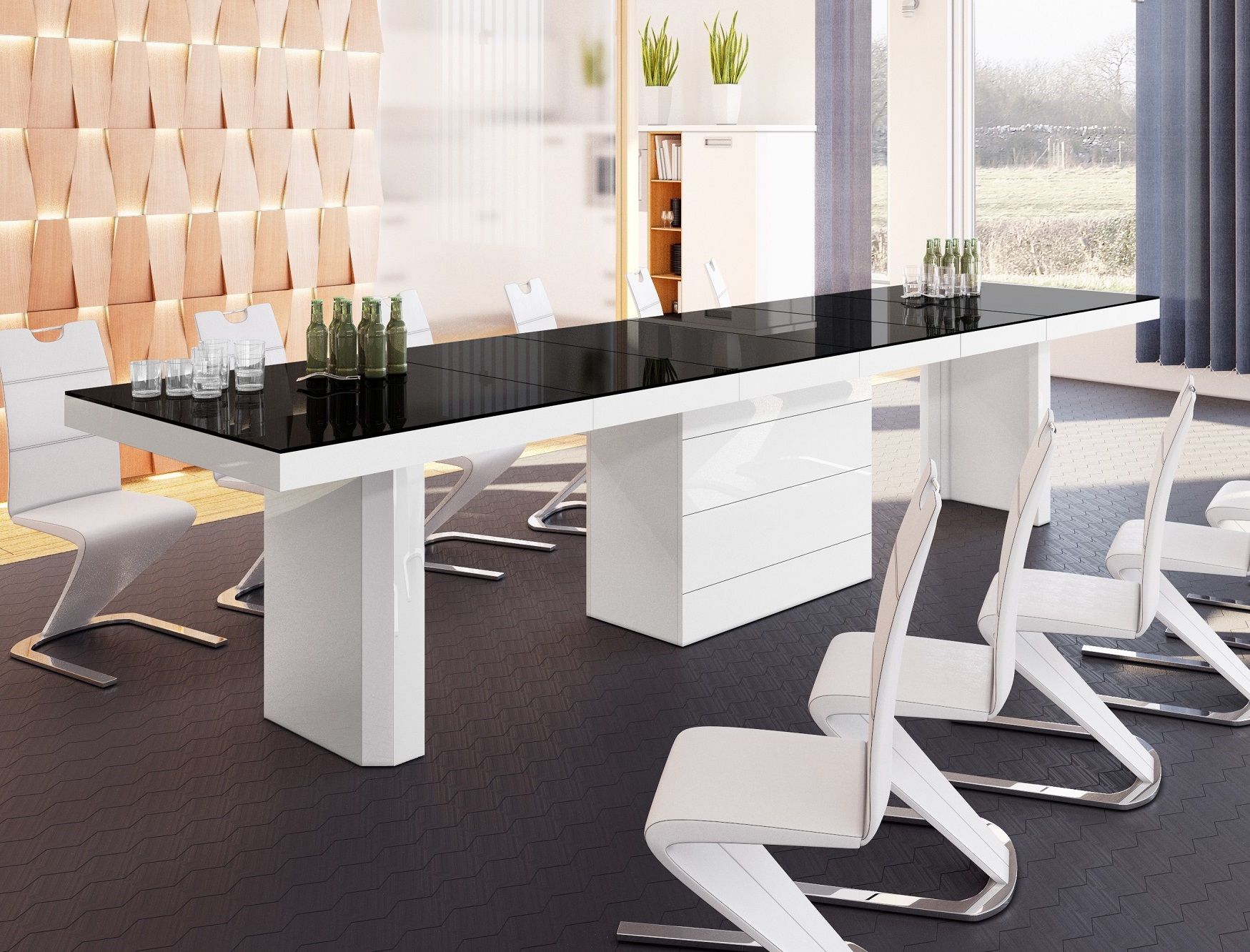 Uitschuifbare eettafel Kolos – modern design in hoogglans zwart‑wit, 160‑412 cm