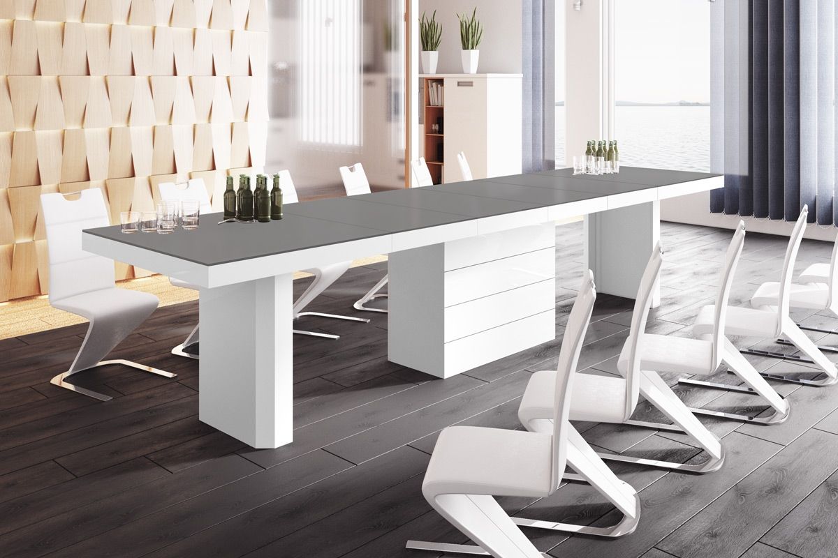 Uitschuifbare eettafel Kolos – Modern design van 160 cm tot 412 cm, matgrijs & wit