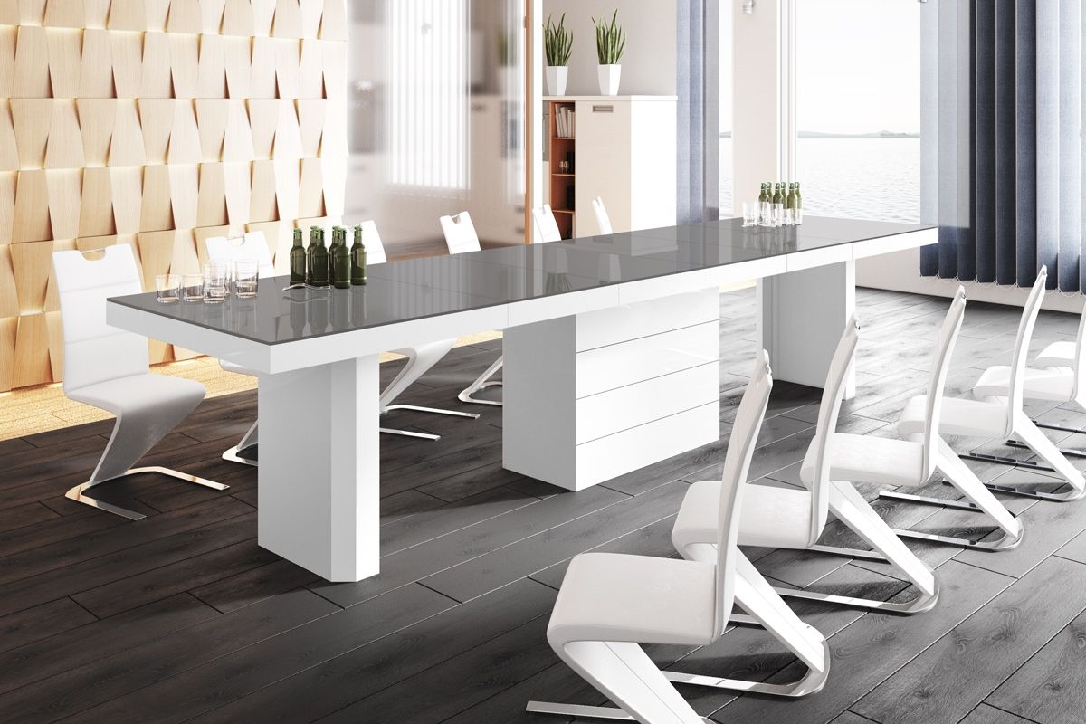 Uitschuifbare eettafel Kolos – Moderne hoogglans grijs & wit, 140‑332 cm