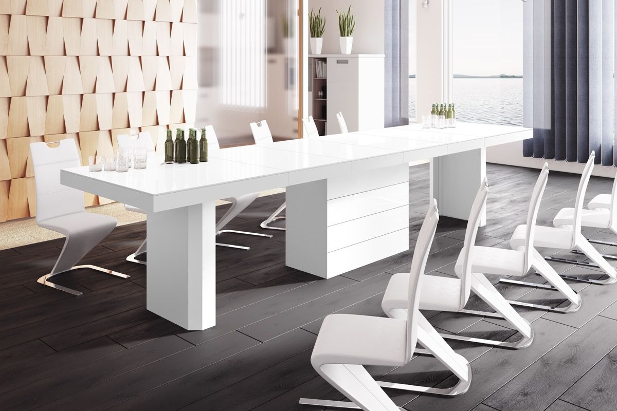 Uitschuifbare eettafel Kolos – Moderne hoogglans wit van 140 tot 332 cm