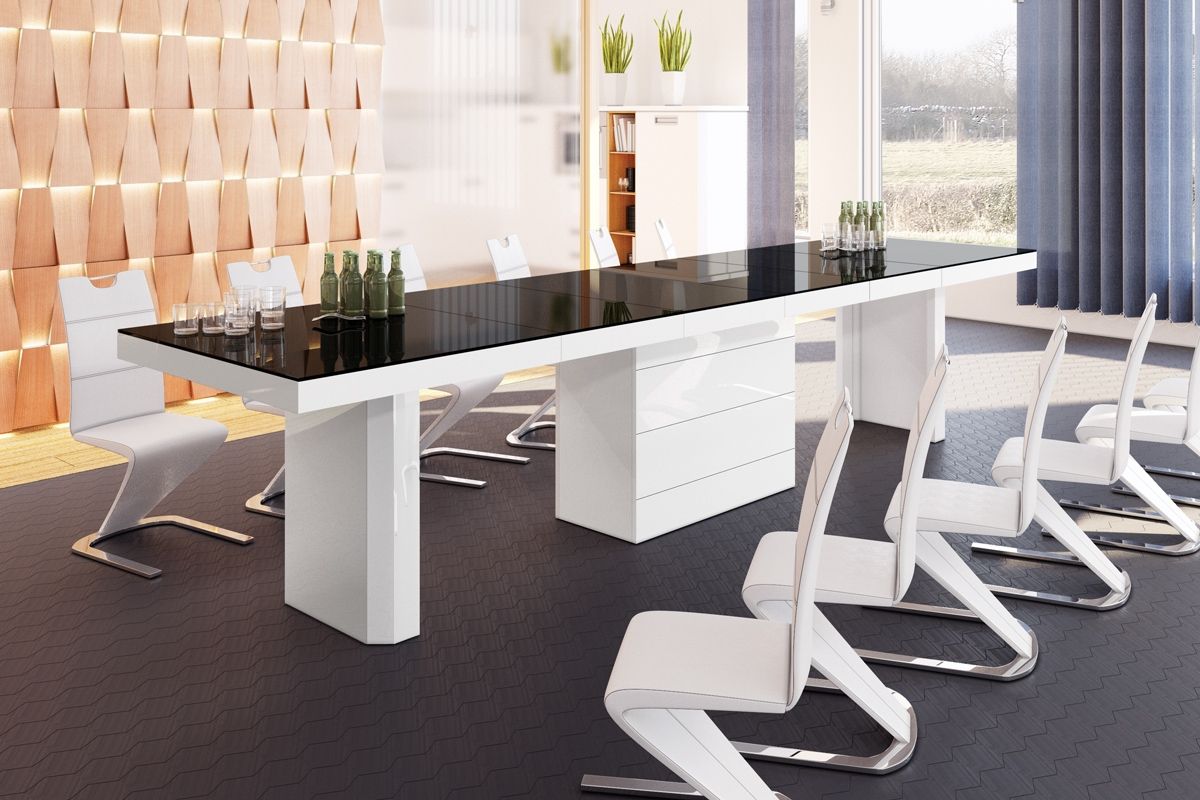 Uitschuifbare eettafel Kolos – van 140 tot 332 cm, hoogglans zwart‑wit | Hubertus Meble
