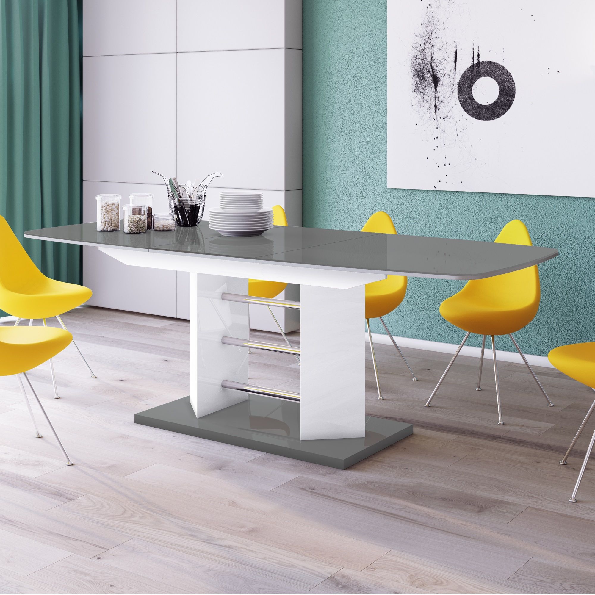Uitschuifbare eettafel Linosa – Elegante hoogglans grijze tafel, uitbreidbaar tot 256 cm