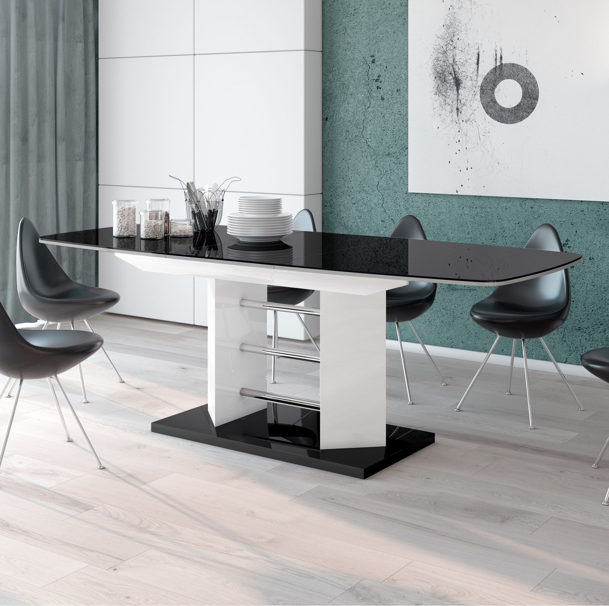 Uitschuifbare eettafel Linosa – Hoogglans zwart/wit, 160‑256 cm