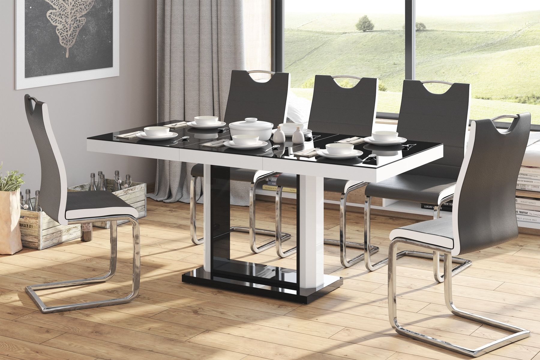 Uitschuifbare eettafel Quadro – Strak hoogglans zwart‑wit, 120‑168 cm