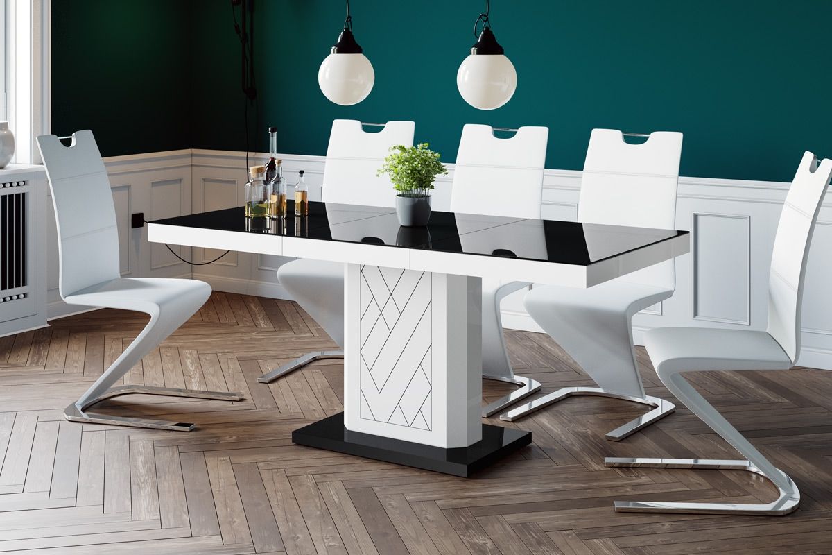 Uitschuifbare eettafel Rivia – Hoogglans zwart‑wit, 120‑170 cm