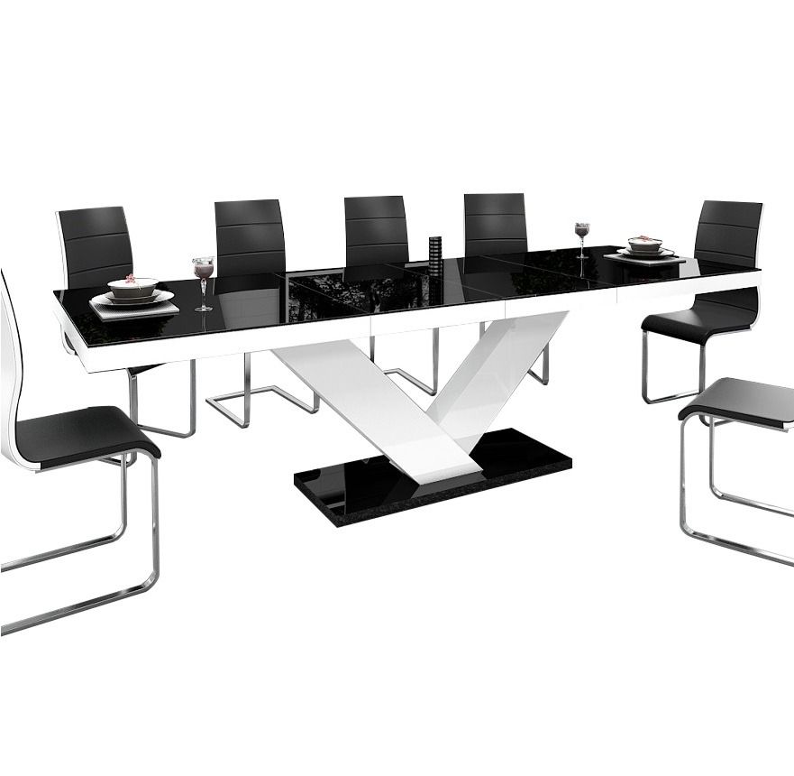 Uitschuifbare eettafel Victoria – modern hoogglans zwart‑wit, 160‑256 cm
