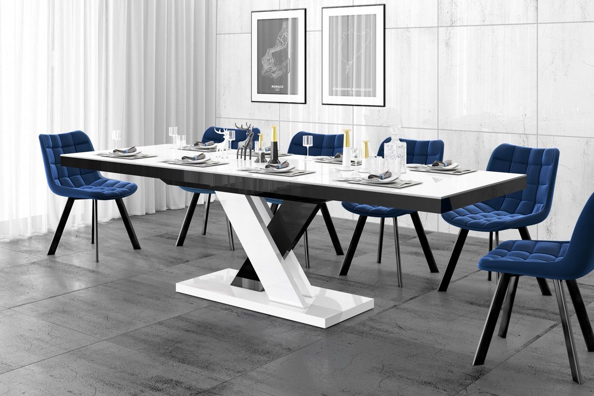 Uitschuifbare eettafel Xenon lux – Hoogglans wit met zwart, 160‑256 cm