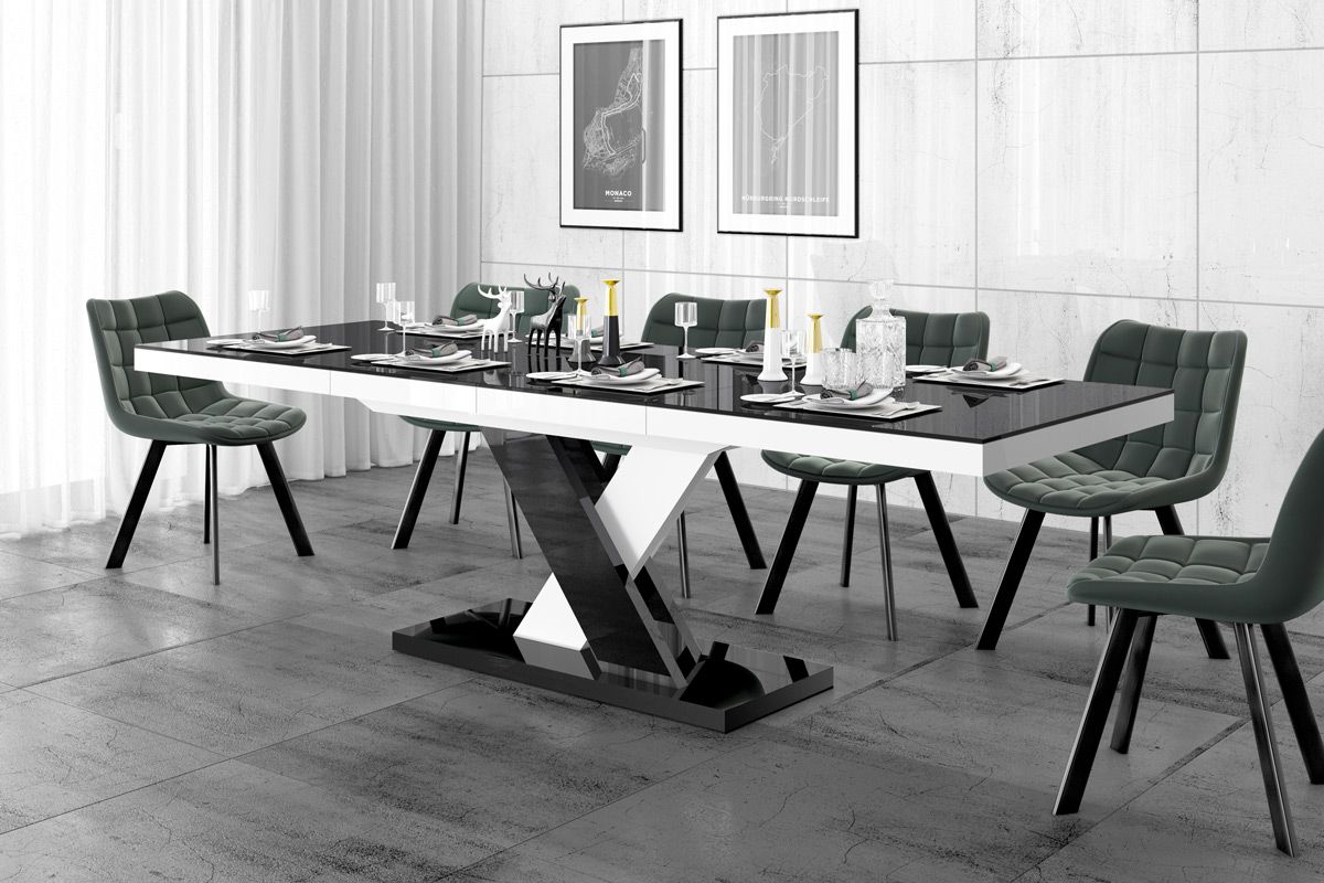 Uitschuifbare eettafel Xenon lux – Hoogglans zwart‑wit, 160‑256 cm
