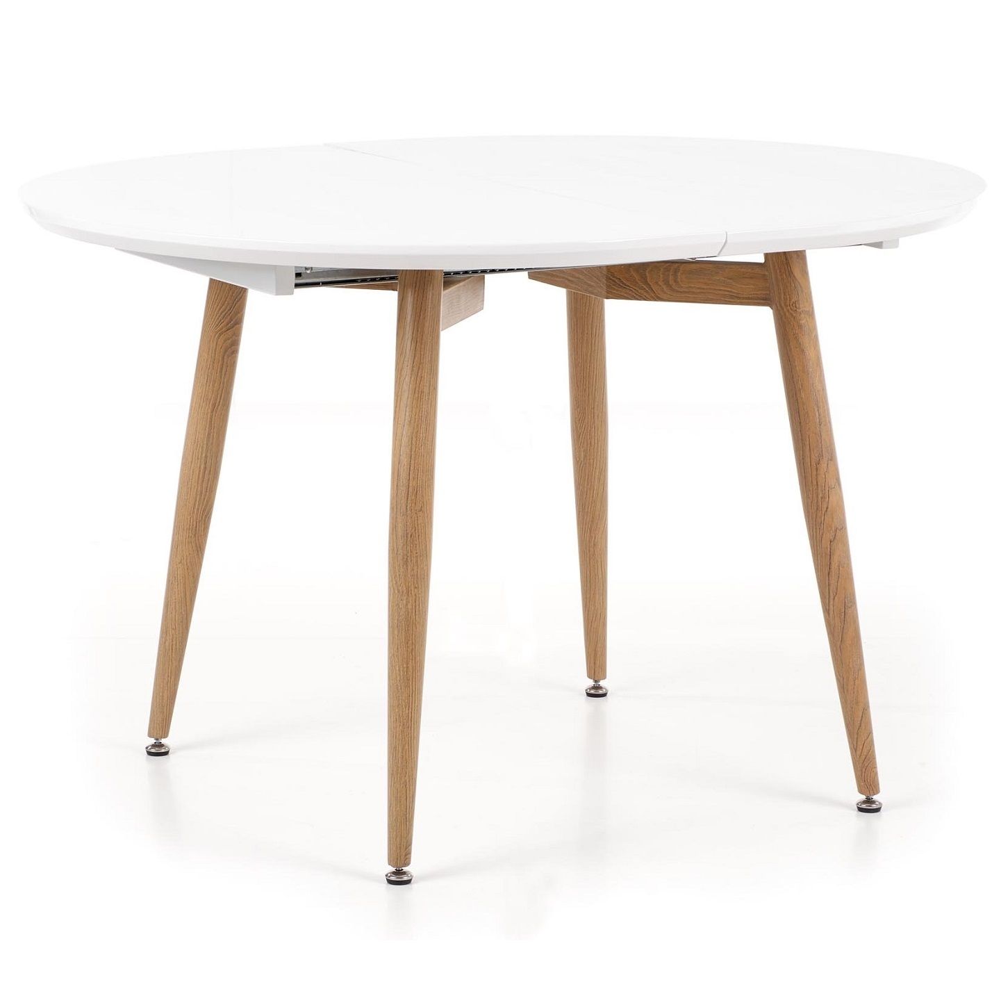 Uitschuifbare ronde eettafel Edward – 120‑200 cm, wit & honing eiken