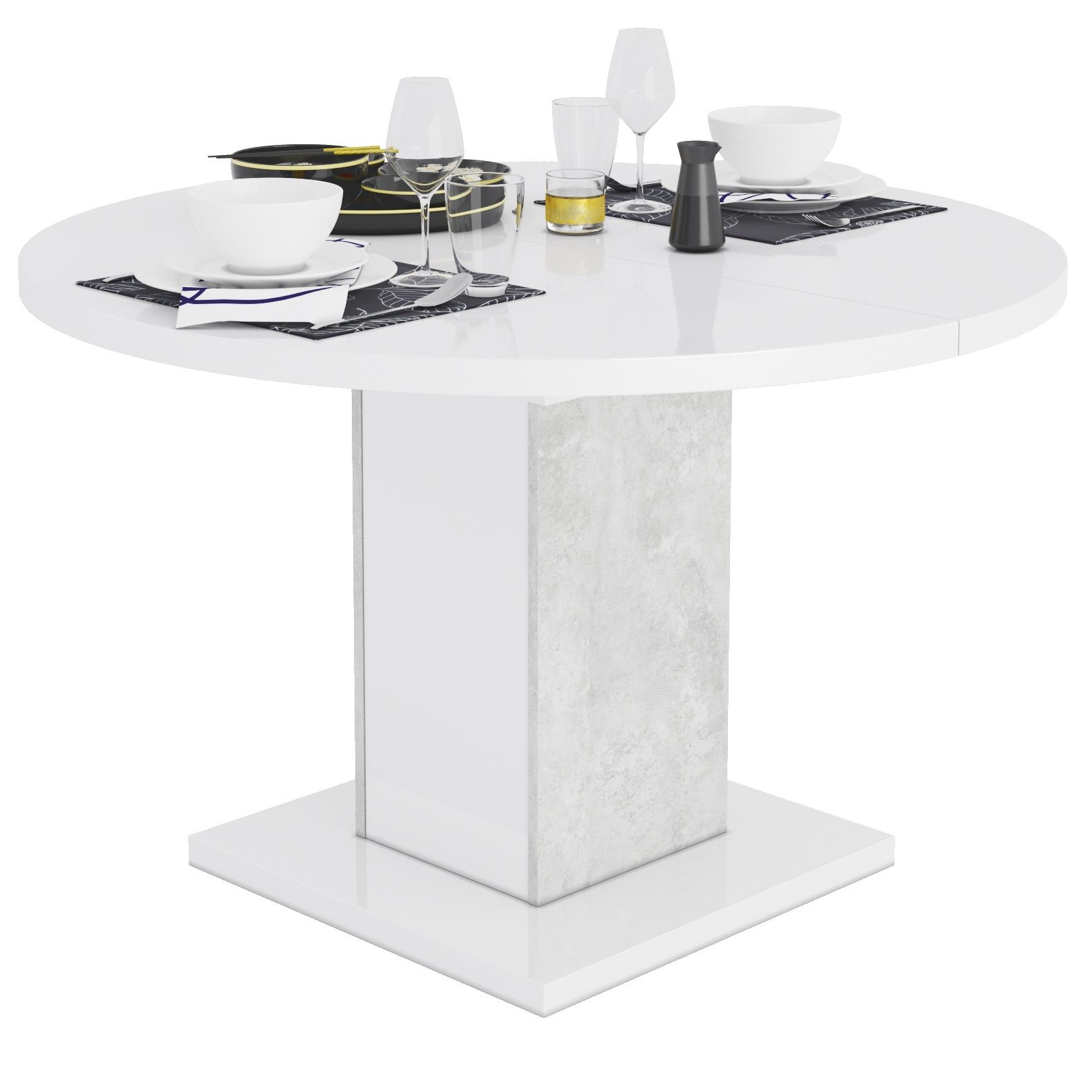 Uitschuifbare ronde eettafel Goya 120‑165 cm – Hoogglans wit & grijs