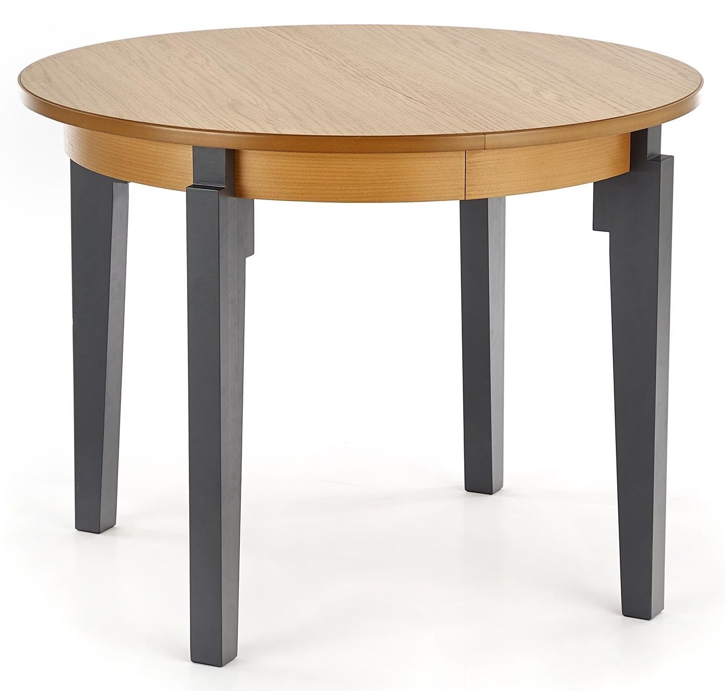 Uitschuifbare ronde eettafel Sorbus – 100 cm goud eiken met antraciet poten