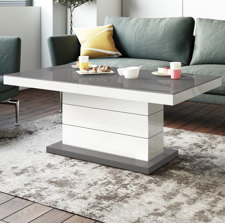 Uitschuifbare salontafel Matera Lux – Hoogglans grijs met wit, 120‑170 cm
