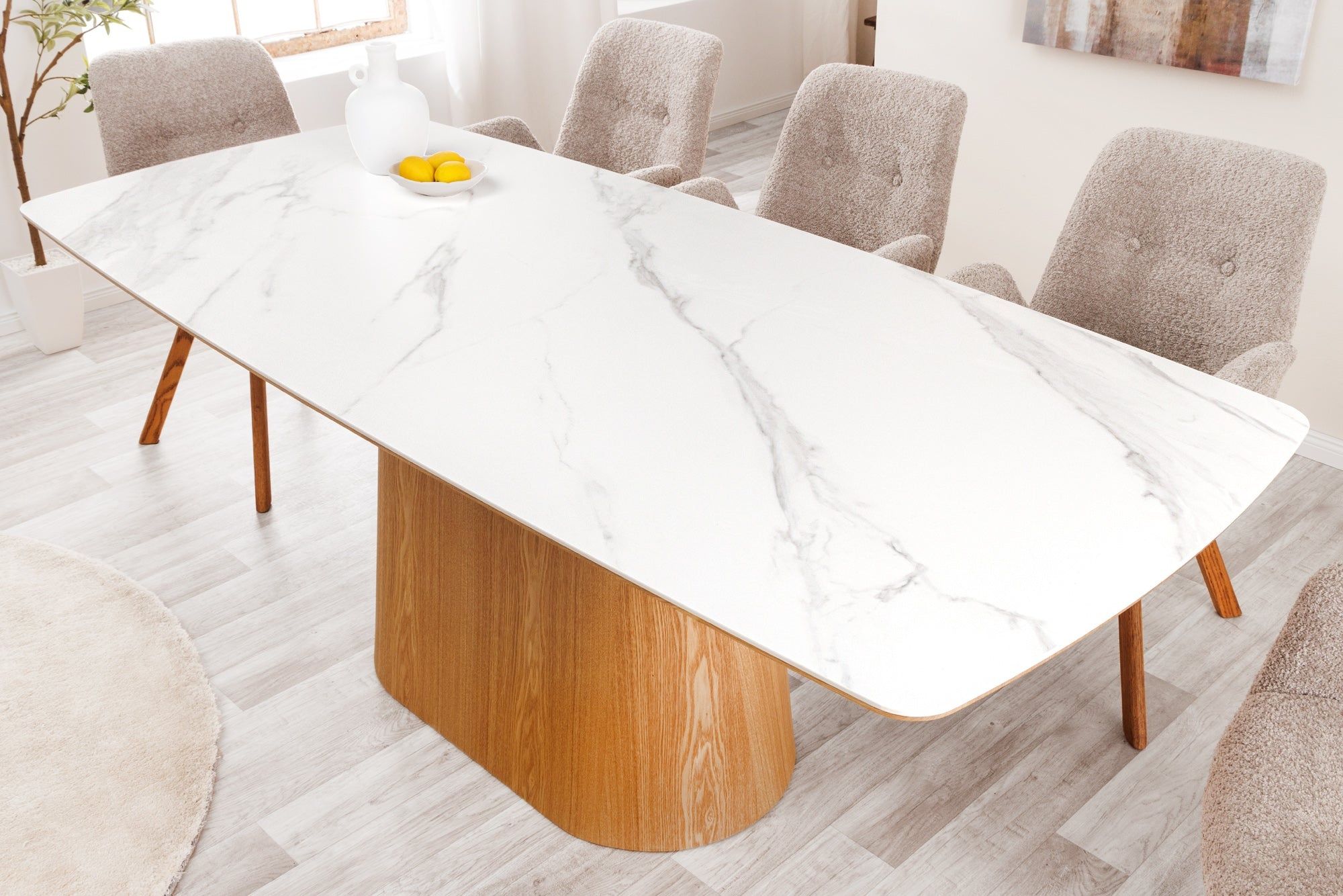 Unieke Design Eettafel 200 cm – Wit Eiken met Marmeren Kolom