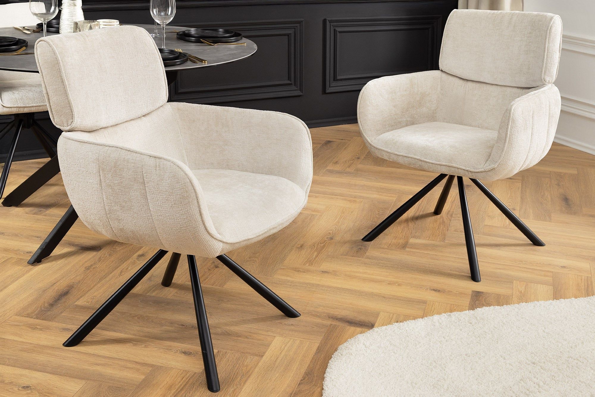 Unieke Draaibare Retro Stoel in Champagne Beige Chenille – Stijlvol Comfort voor Elk Interieur