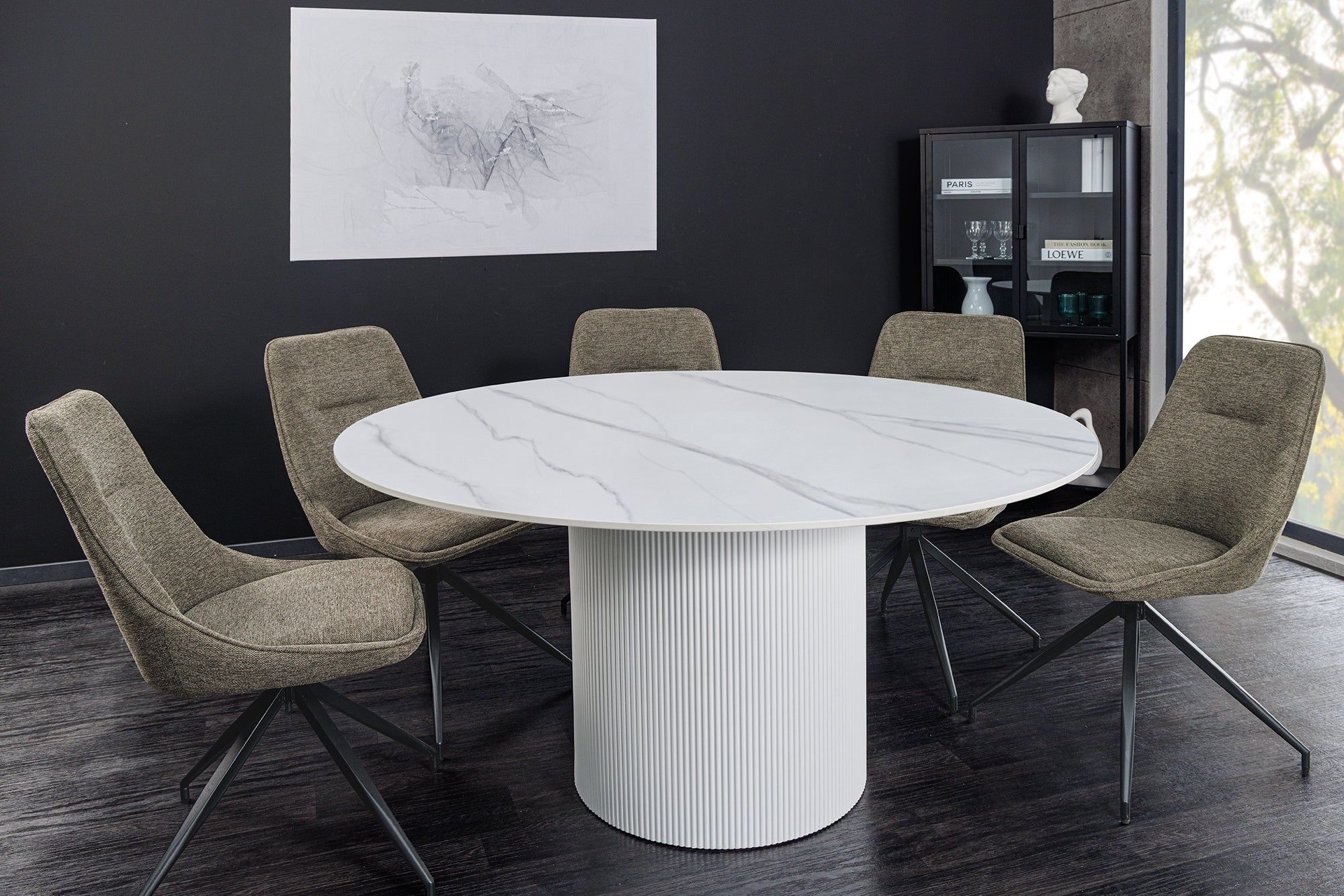 Unieke ronde eettafel van wit keramiek – 120 cm – modern design met zuilvoet