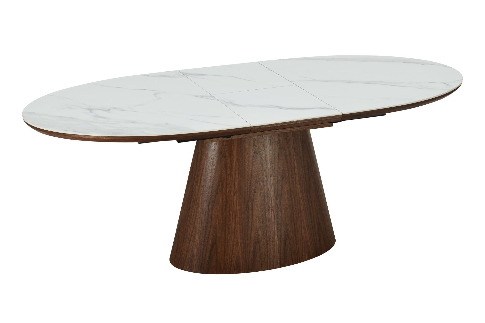Unieke uitschuifbare eettafel 160‑200 cm – donker walnootlook met wit keramisch marmeren blad