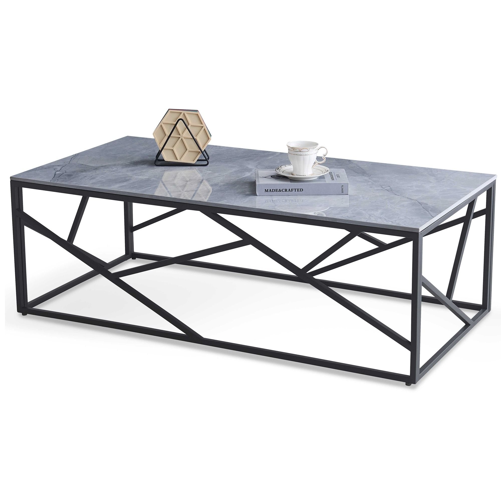 Universe Rechthoekige Salontafel 120 × 60 cm – Grijs marmerblad & zwart roestvrijstalen frame
