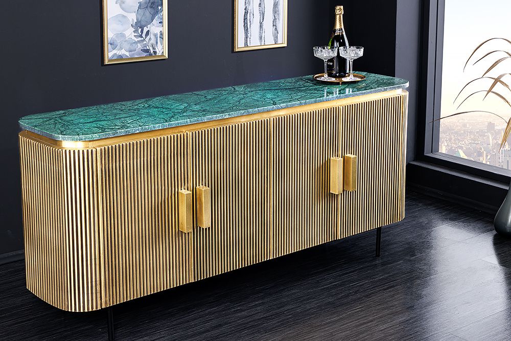 Veneziano design dressoir – 160 cm, messing accenten, groen marmerblad & mangohout