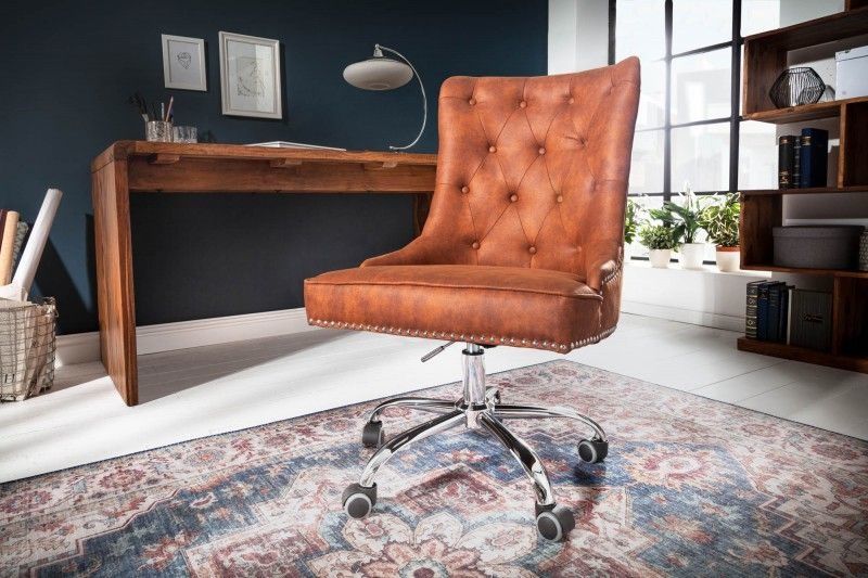 Victorian Bureaustoel – Verstelbaar, Vintage Lichtbruin met Chesterfield‑Quilt