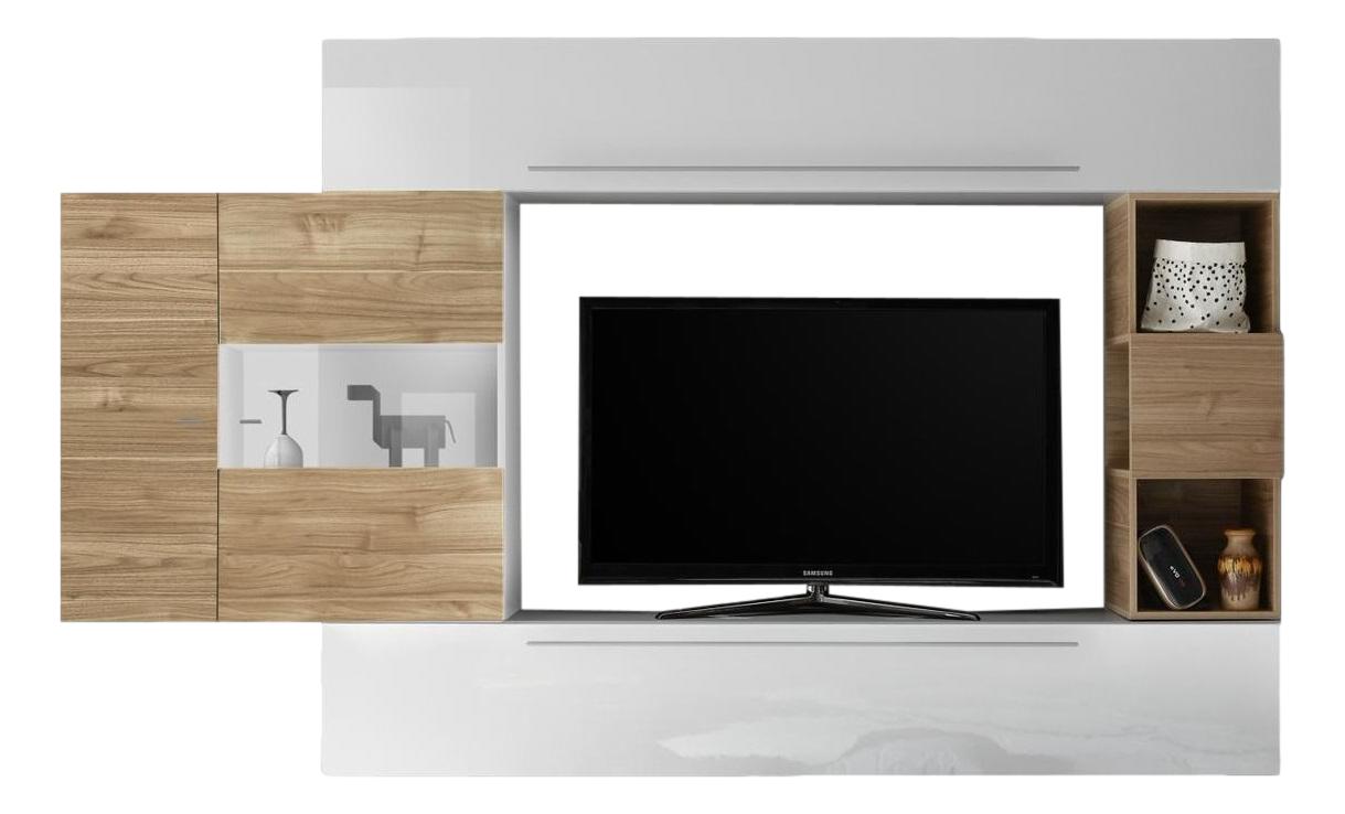 Vinito TV‑wandmeubel set – Hoogglans wit met eikenaccenten