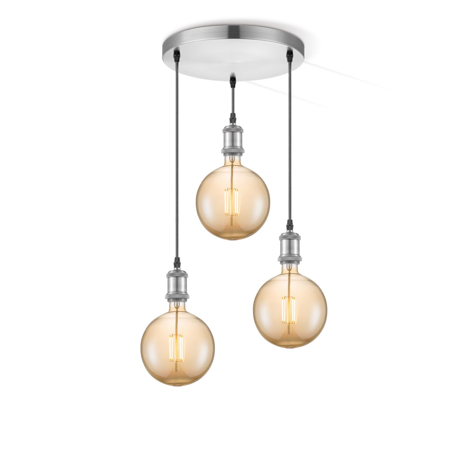 Vintage 3‑lampen hanglamp Home Sweet Home – ronde silvery kap met amberglobe