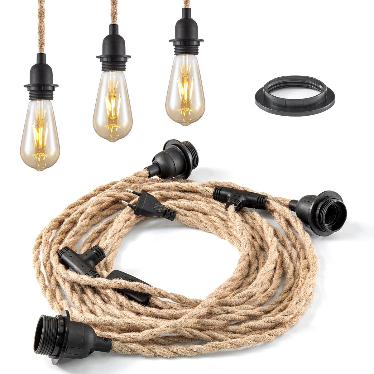 Vintage 3‑licht Linnen Hanglamp met Schakelaar – DIY Kit voor Woonkamer, Keuken en Slaapkamer