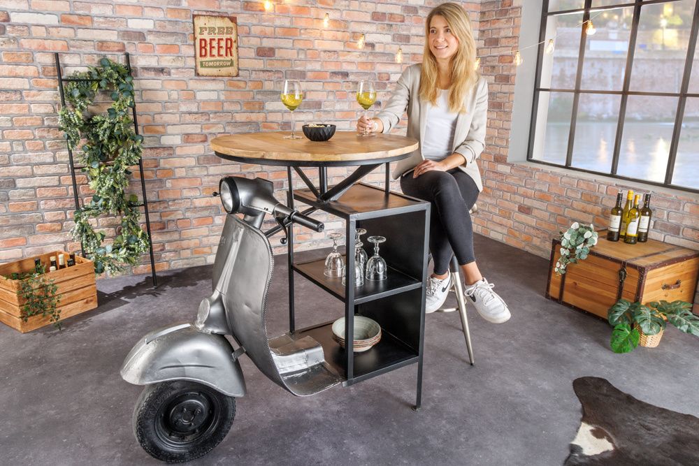 Vintage bartafel UPCYCLING SCOOTER – 120 cm zilveren mangohout, handgemaakt