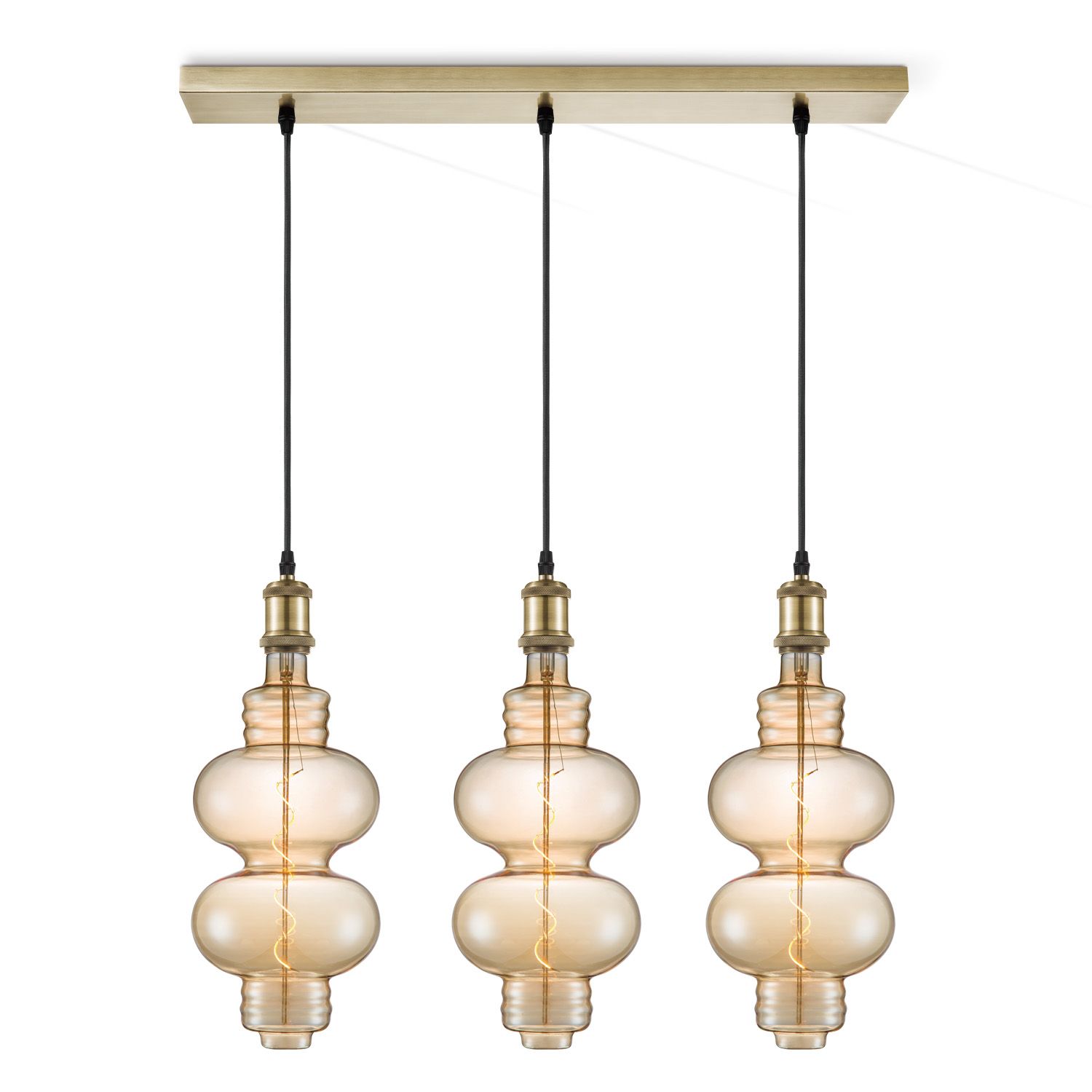 Vintage Brons Hanglamp 3‑Lichts Beam Diabolo – Amber