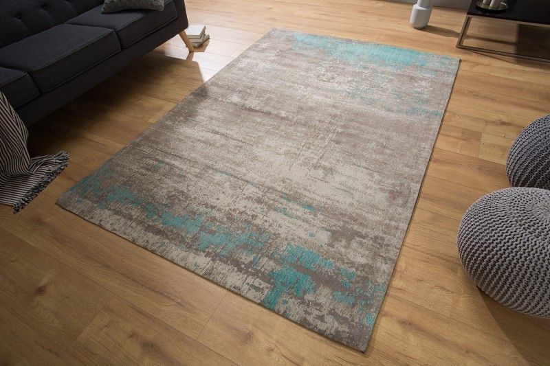 Vintage Katoenen Tapijt Modern Art – Grijs‑Turquoise, 240 × 160 cm