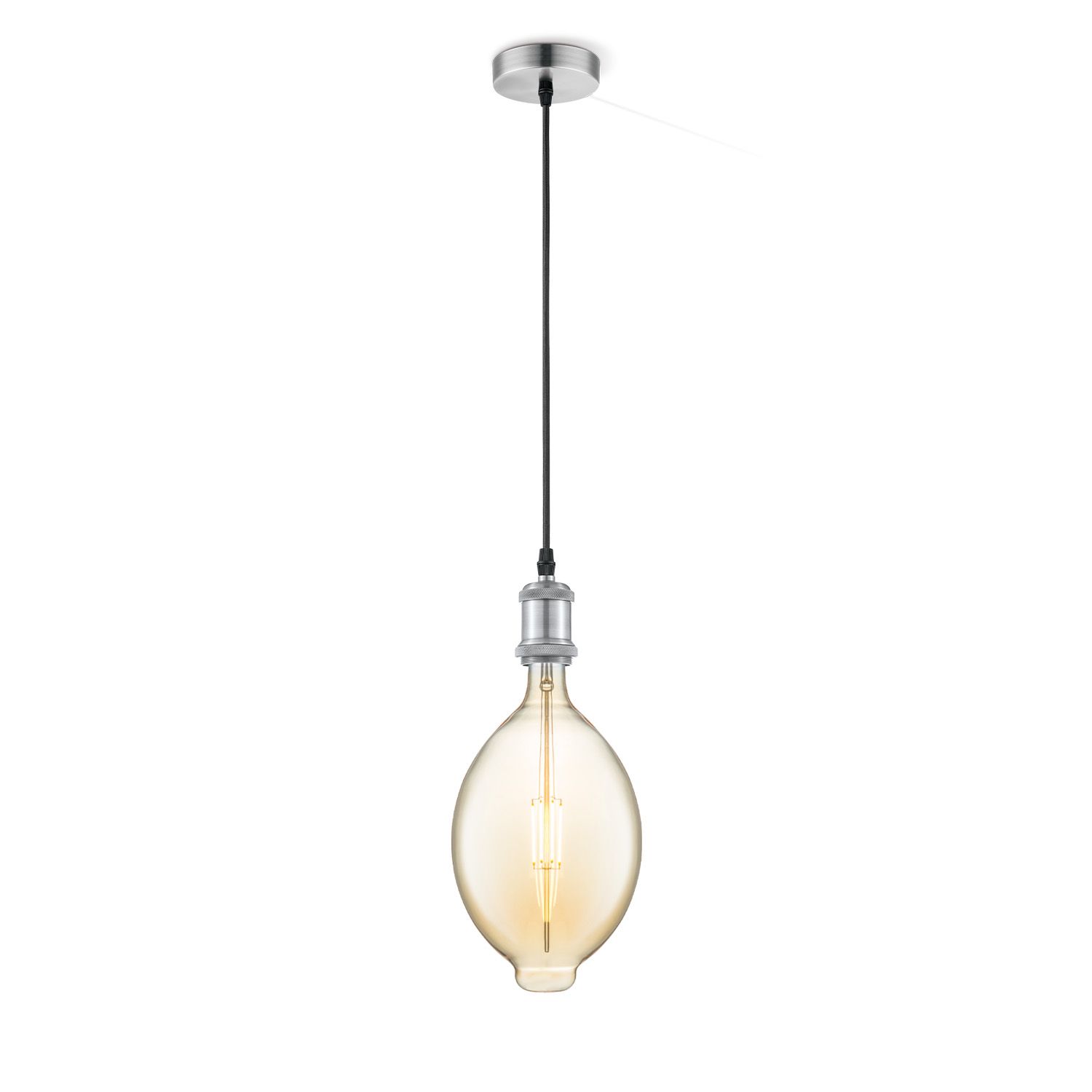 Vintage ovale hanglamp in mat staal met amberkleurig glas – urban & landelijk