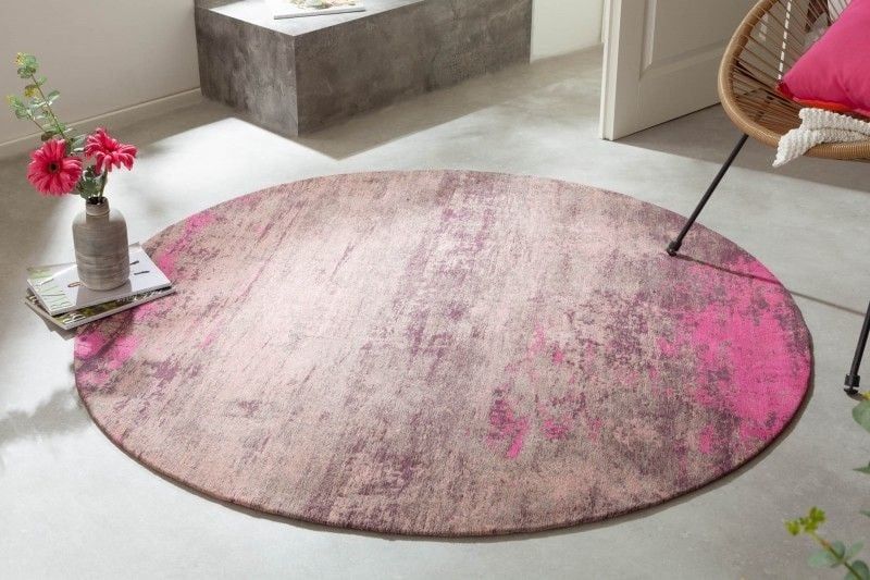 Vintage rond vloerkleed Modern Art 150 cm – Beige & Roze, gewassen look – Invicta Interior