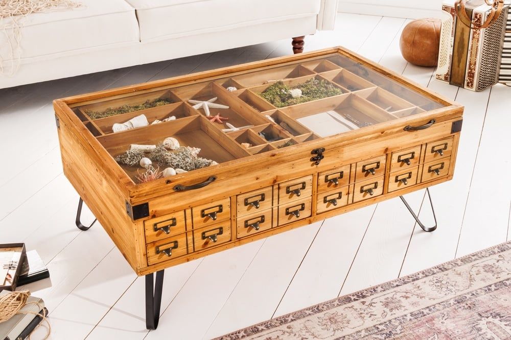 Vintage salontafel SEVEN SEAS – 100 cm natuurgrenen met glazen haarspeldpoten en verborgen opbergruimte