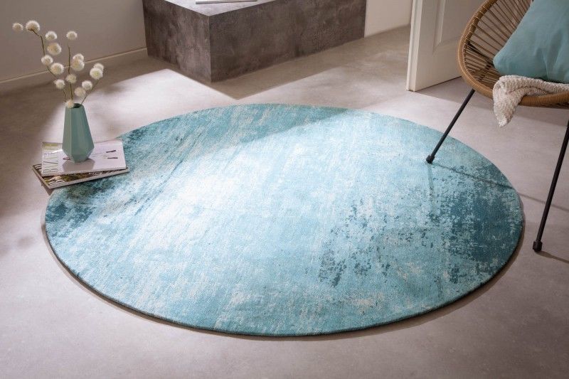 Vintage Turquoise Rond Vloerkleed Modern Art – 150 cm – Handgegoten Look
