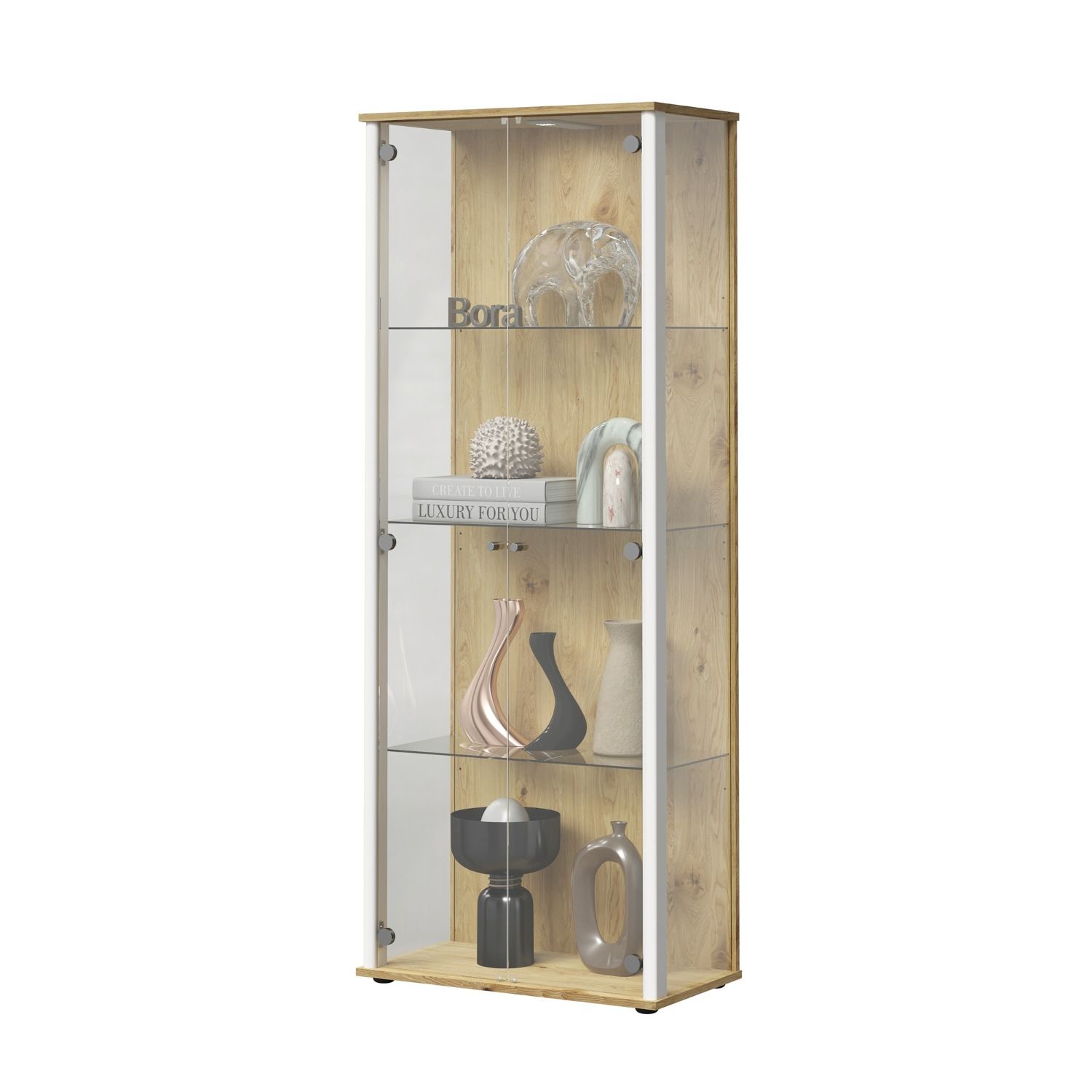 Vitrinekast Bora 2‑deurs 170 cm – Artisan eiken en wit, Scandinavisch design