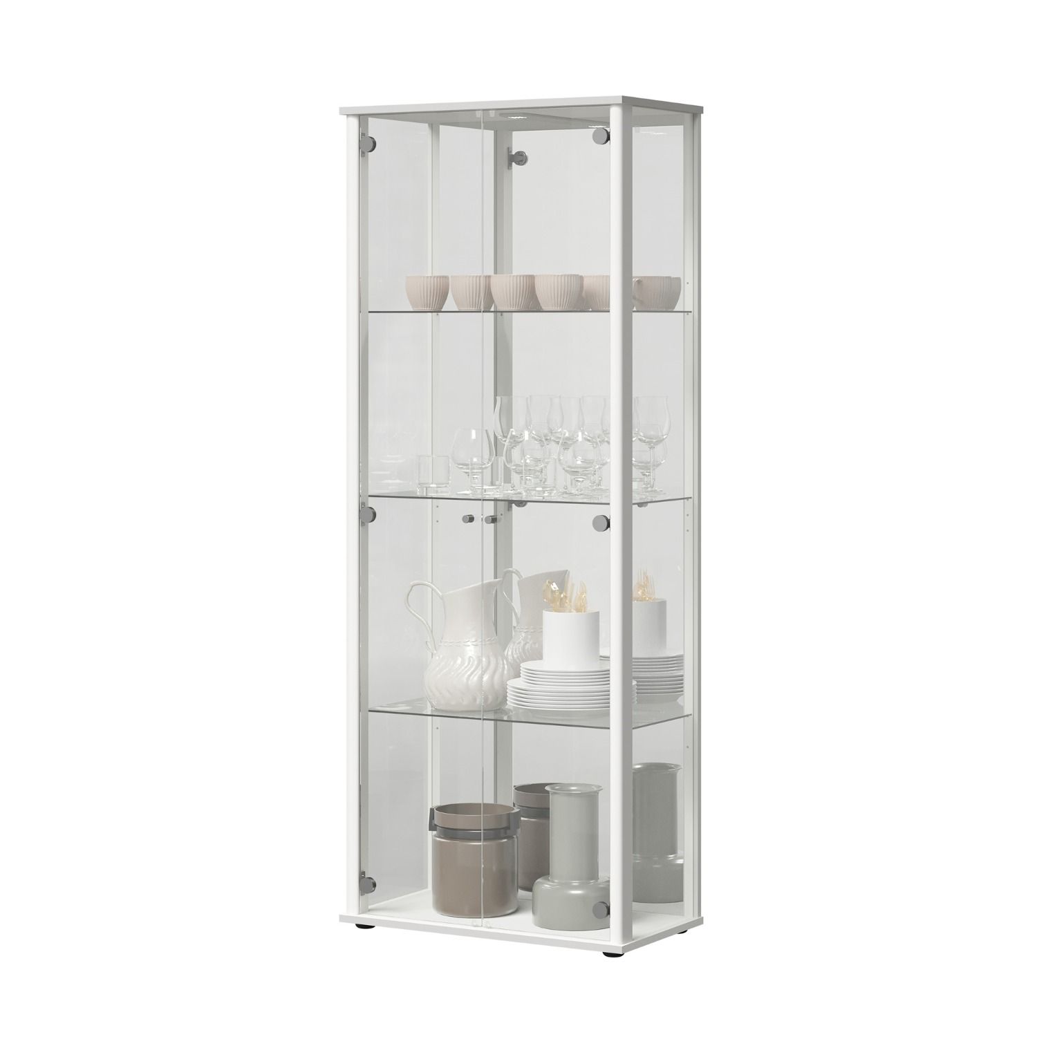 Vitrinekast Bora – Strakke Scandinavische glazen kast met spiegel in wit, 170 cm hoog